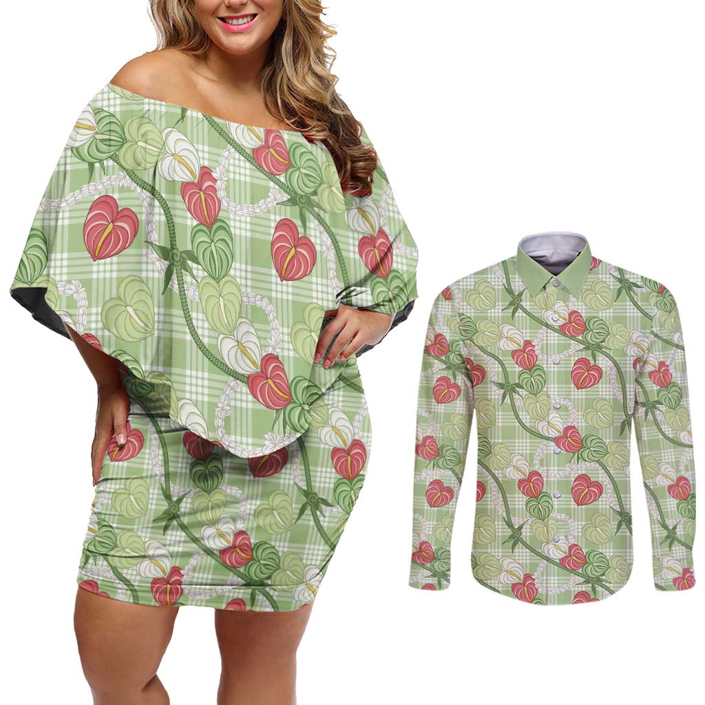 Anthurium Pikake Ti Leaf Palaka Couples Matching Off Shoulder Short Dress and Long Sleeve Button Shirt Green Version