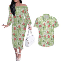 Anthurium Pikake Ti Leaf Palaka Couples Matching Off The Shoulder Long Sleeve Dress and Hawaiian Shirt Green Version