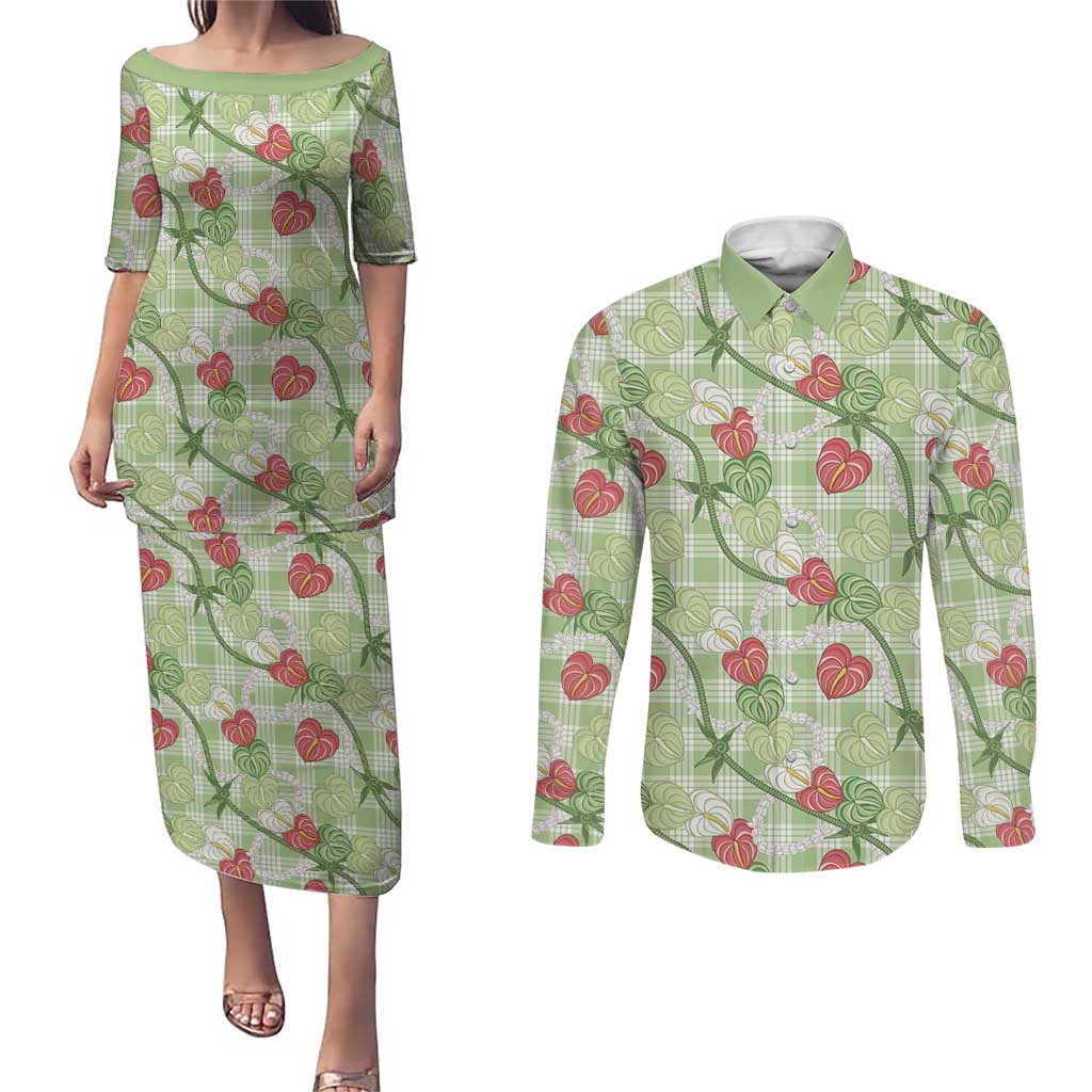 Anthurium Pikake Ti Leaf Palaka Couples Matching Puletasi and Long Sleeve Button Shirt Green Version LT01 Green - Polynesian Pride