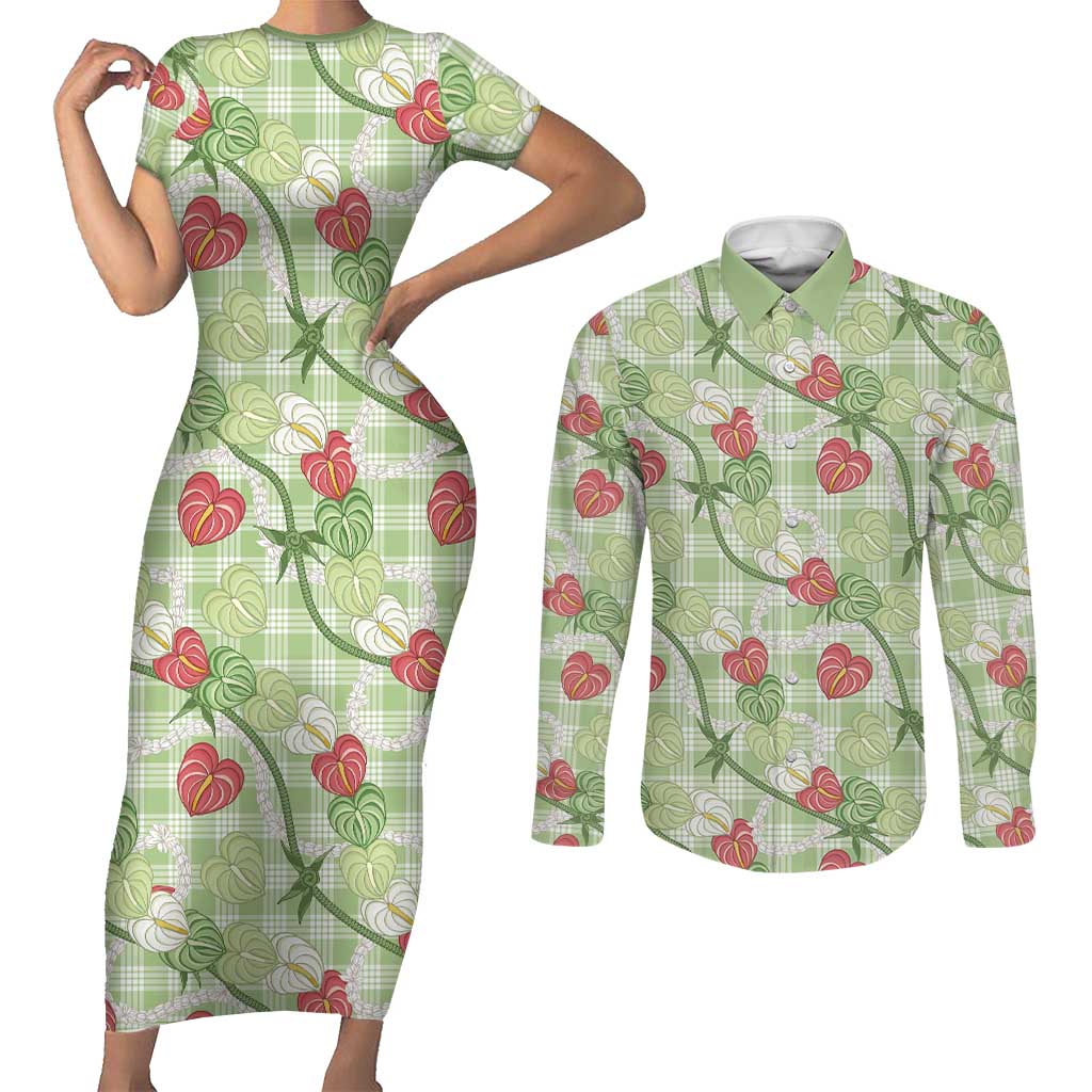 Anthurium Pikake Ti Leaf Palaka Couples Matching Short Sleeve Bodycon Dress and Long Sleeve Button Shirt Green Version LT01 Green - Polynesian Pride
