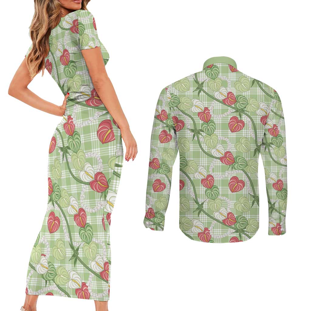 Anthurium Pikake Ti Leaf Palaka Couples Matching Short Sleeve Bodycon Dress and Long Sleeve Button Shirt Green Version