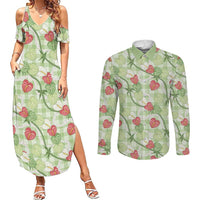 Anthurium Pikake Ti Leaf Palaka Couples Matching Summer Maxi Dress and Long Sleeve Button Shirt Green Version