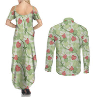 Anthurium Pikake Ti Leaf Palaka Couples Matching Summer Maxi Dress and Long Sleeve Button Shirt Green Version
