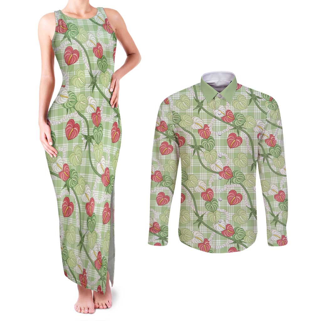 Anthurium Pikake Ti Leaf Palaka Couples Matching Tank Maxi Dress and Long Sleeve Button Shirt Green Version LT01 Green - Polynesian Pride