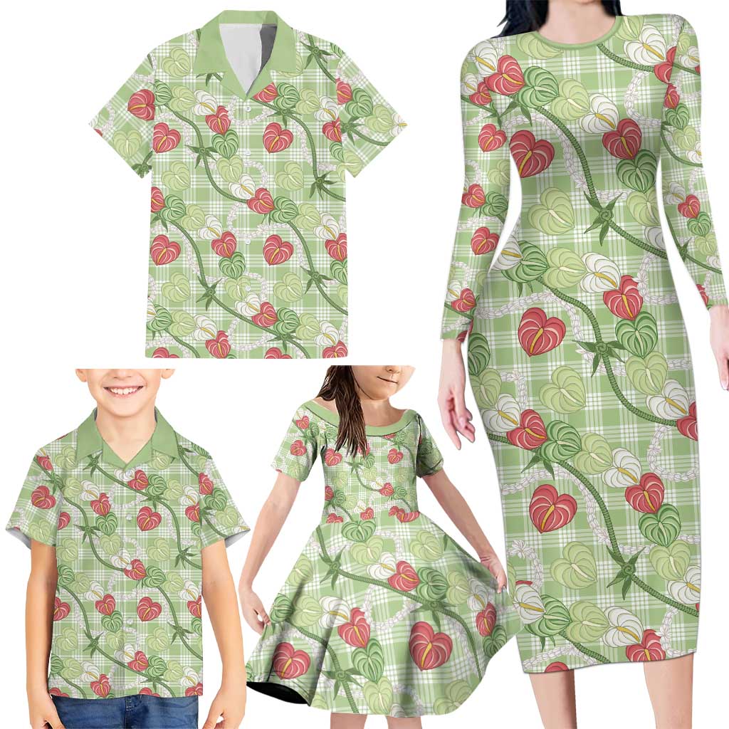 Anthurium Pikake Ti Leaf Palaka Family Matching Long Sleeve Bodycon Dress and Hawaiian Shirt Green Version LT01 - Polynesian Pride