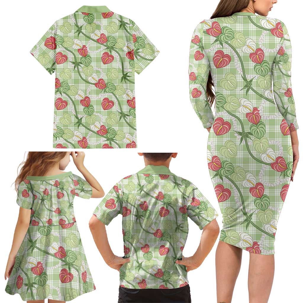 Anthurium Pikake Ti Leaf Palaka Family Matching Long Sleeve Bodycon Dress and Hawaiian Shirt Green Version LT01 - Polynesian Pride