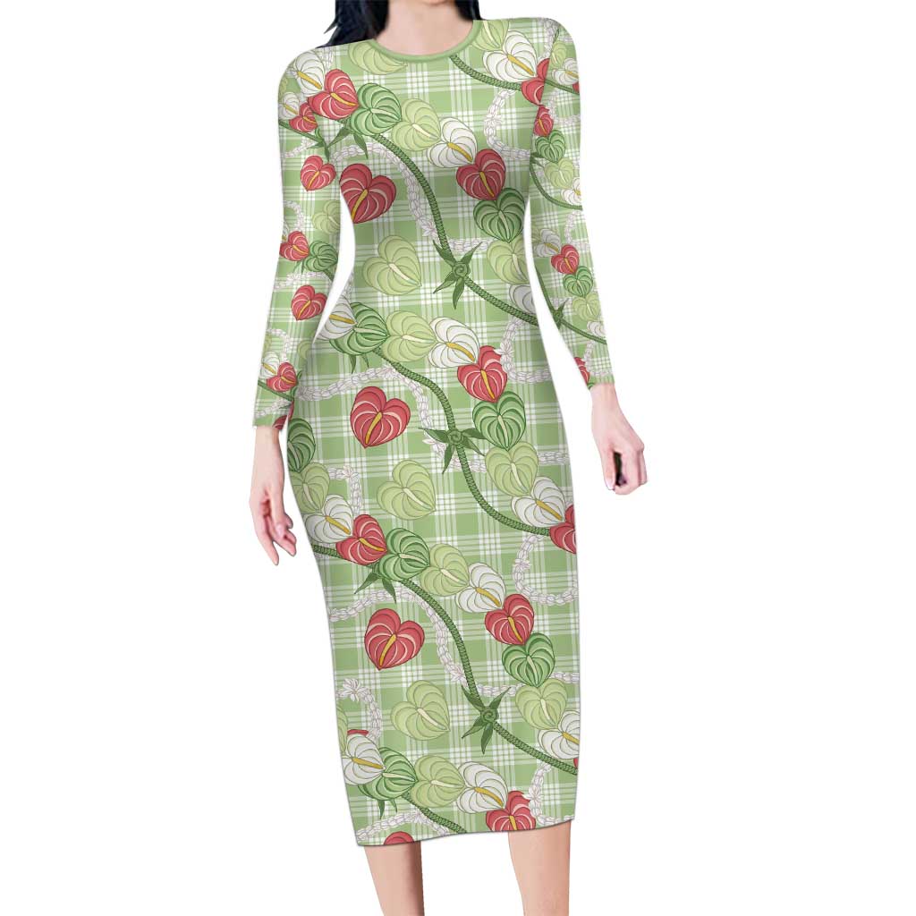 Anthurium Pikake Ti Leaf Palaka Family Matching Long Sleeve Bodycon Dress and Hawaiian Shirt Green Version LT01 Mom's Dress Green - Polynesian Pride