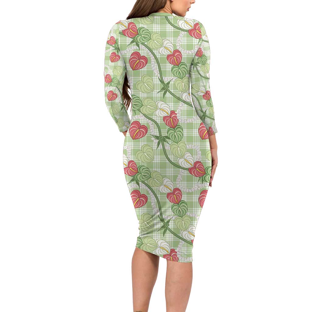 Anthurium Pikake Ti Leaf Palaka Family Matching Long Sleeve Bodycon Dress and Hawaiian Shirt Green Version LT01 - Polynesian Pride