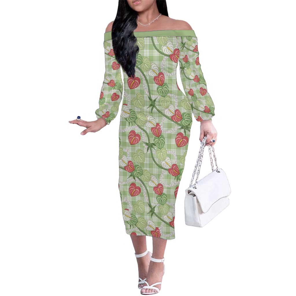 Anthurium Pikake Ti Leaf Palaka Family Matching Off The Shoulder Long Sleeve Dress and Hawaiian Shirt Green Version LT01 Mom's Dress Green - Polynesian Pride
