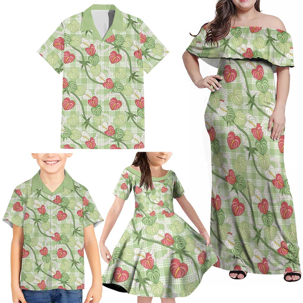 Anthurium Pikake Ti Leaf Palaka Family Matching Off Shoulder Maxi Dress and Hawaiian Shirt Green Version LT01 - Polynesian Pride