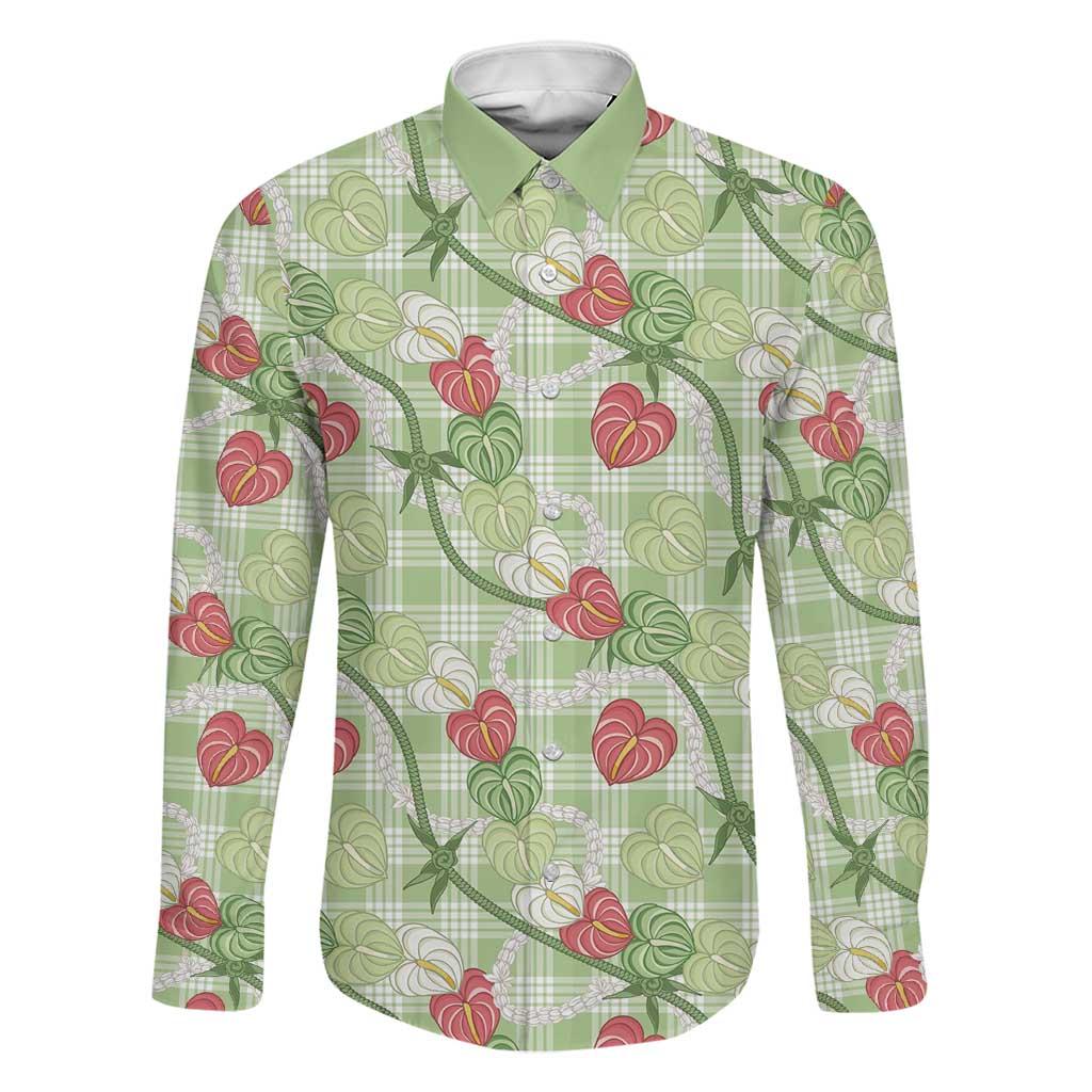 Anthurium Pikake Ti Leaf Palaka Family Matching Off Shoulder Maxi Dress and Hawaiian Shirt Green Version LT01 Dad's Shirt - Long Sleeve Green - Polynesian Pride