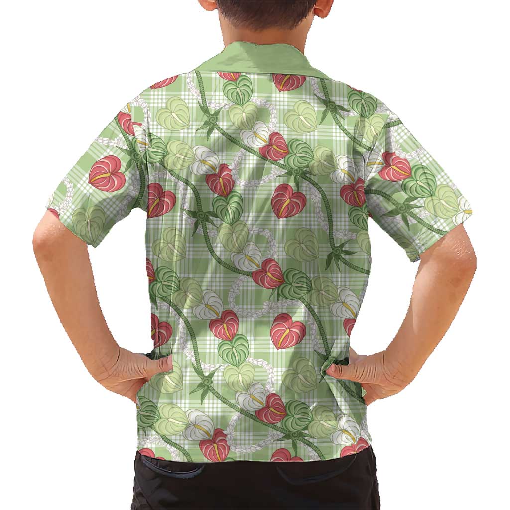 Anthurium Pikake Ti Leaf Palaka Family Matching Off Shoulder Short Dress and Hawaiian Shirt Green Version LT01 - Polynesian Pride