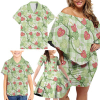 Anthurium Pikake Ti Leaf Palaka Family Matching Off Shoulder Short Dress and Hawaiian Shirt Green Version LT01 - Polynesian Pride