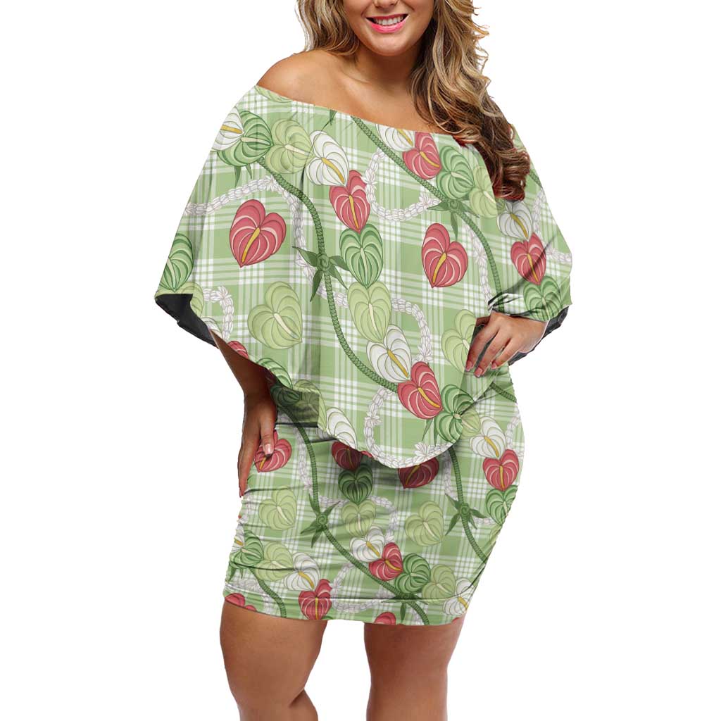 Anthurium Pikake Ti Leaf Palaka Family Matching Off Shoulder Short Dress and Hawaiian Shirt Green Version LT01 Mom's Dress Green - Polynesian Pride