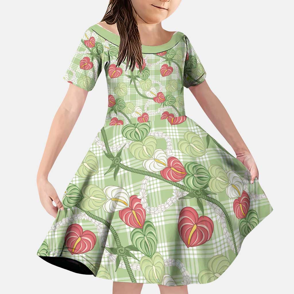 Anthurium Pikake Ti Leaf Palaka Family Matching Short Sleeve Bodycon Dress and Hawaiian Shirt Green Version LT01 Daughter's Dress Green - Polynesian Pride