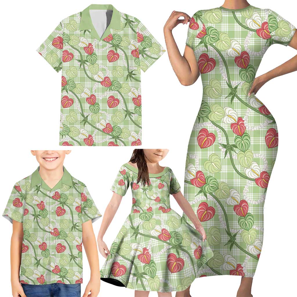 Anthurium Pikake Ti Leaf Palaka Family Matching Short Sleeve Bodycon Dress and Hawaiian Shirt Green Version LT01 - Polynesian Pride