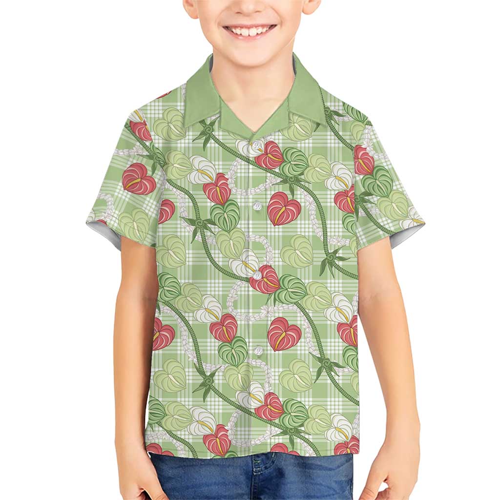 Anthurium Pikake Ti Leaf Palaka Family Matching Short Sleeve Bodycon Dress and Hawaiian Shirt Green Version LT01 Son's Shirt Green - Polynesian Pride