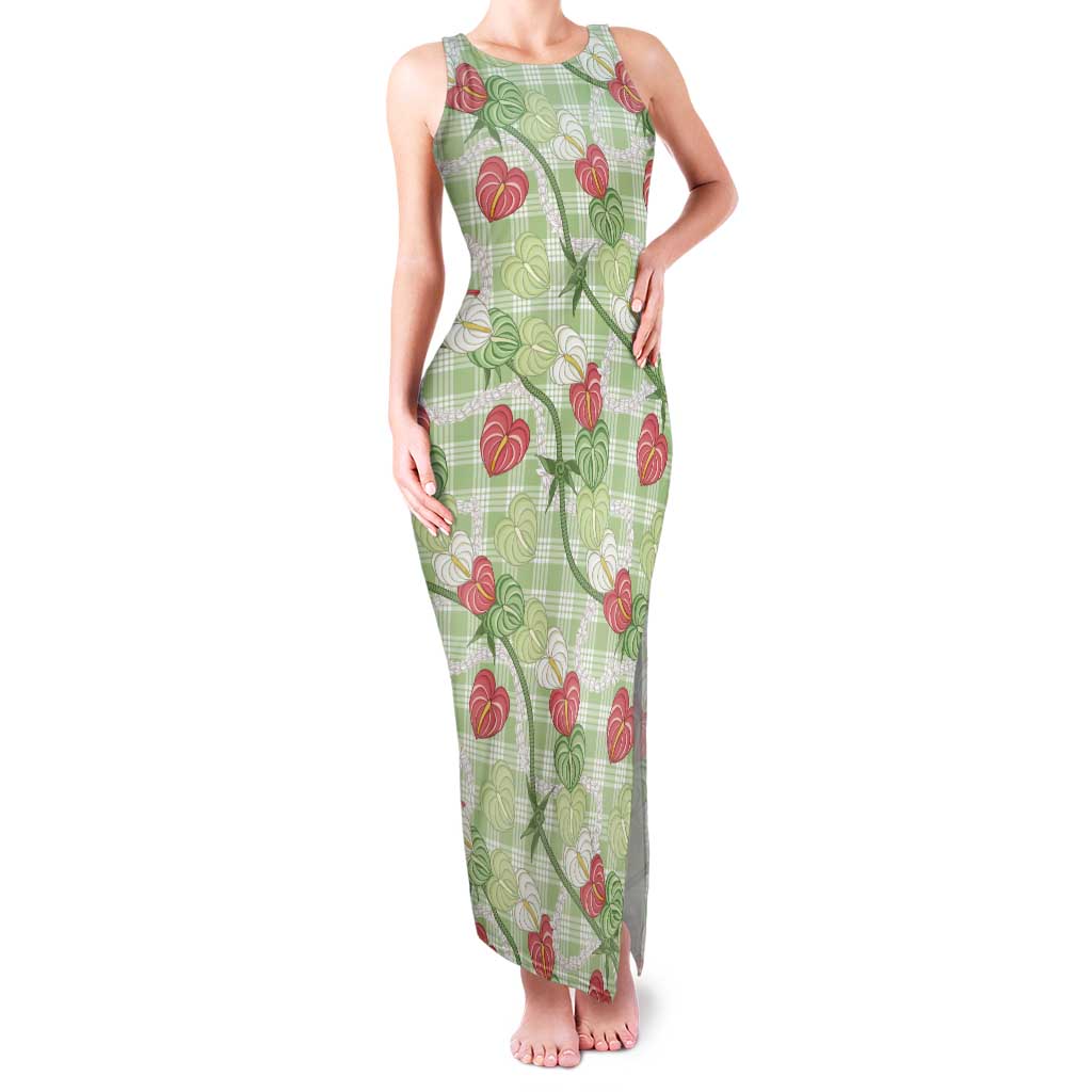 Anthurium Pikake Ti Leaf Palaka Family Matching Tank Maxi Dress and Hawaiian Shirt Green Version LT01 Mom's Dress Green - Polynesian Pride