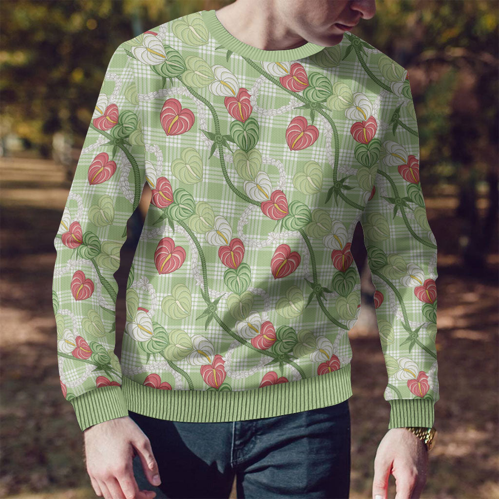 Anthurium Pikake Ti Leaf Palaka Ugly Christmas Sweater Green Version LT01 - Polynesian Pride