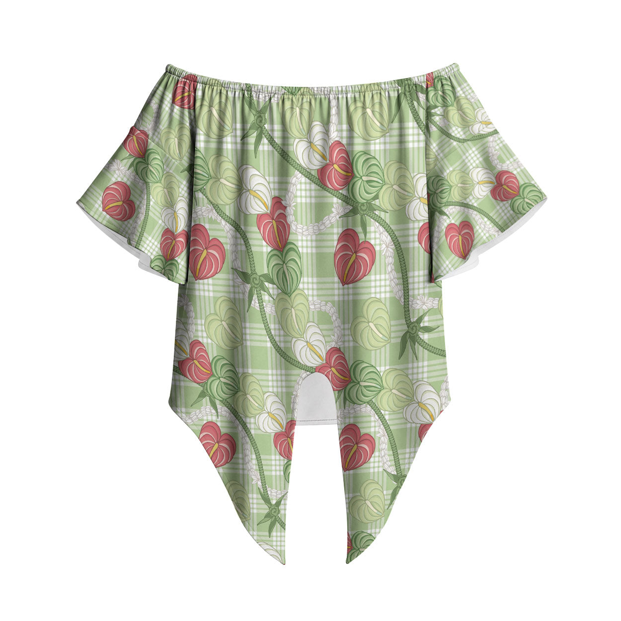 Anthurium Pikake Ti Leaf Palaka Off Shoulder Wrap Waist Top Green Version LT01 Green - Polynesian Pride