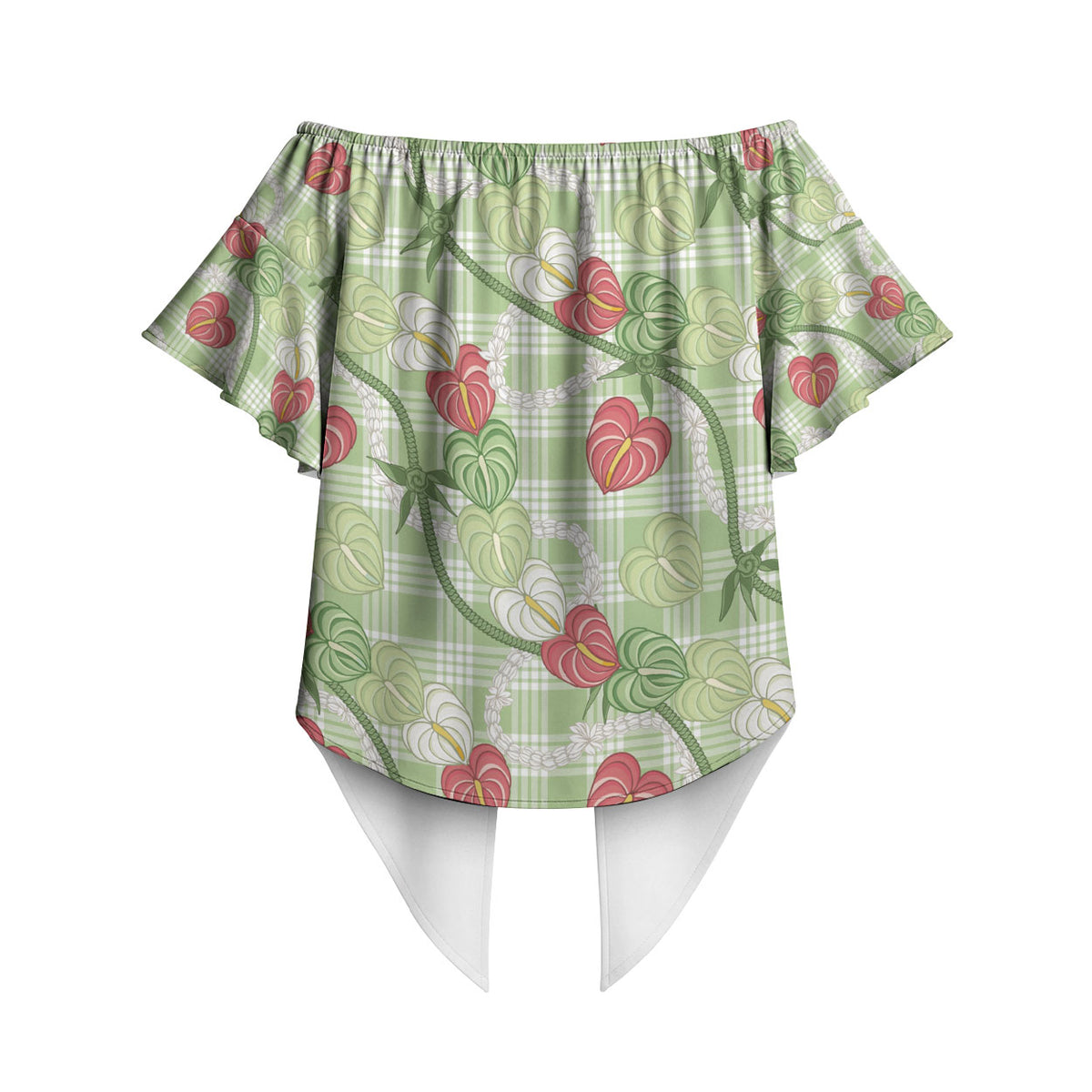 Anthurium Pikake Ti Leaf Palaka Off Shoulder Wrap Waist Top Green Version LT01 - Polynesian Pride