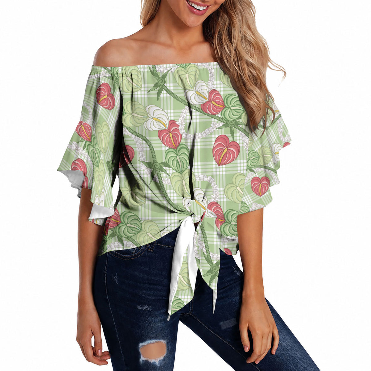 Anthurium Pikake Ti Leaf Palaka Off Shoulder Wrap Waist Top Green Version LT01 - Polynesian Pride