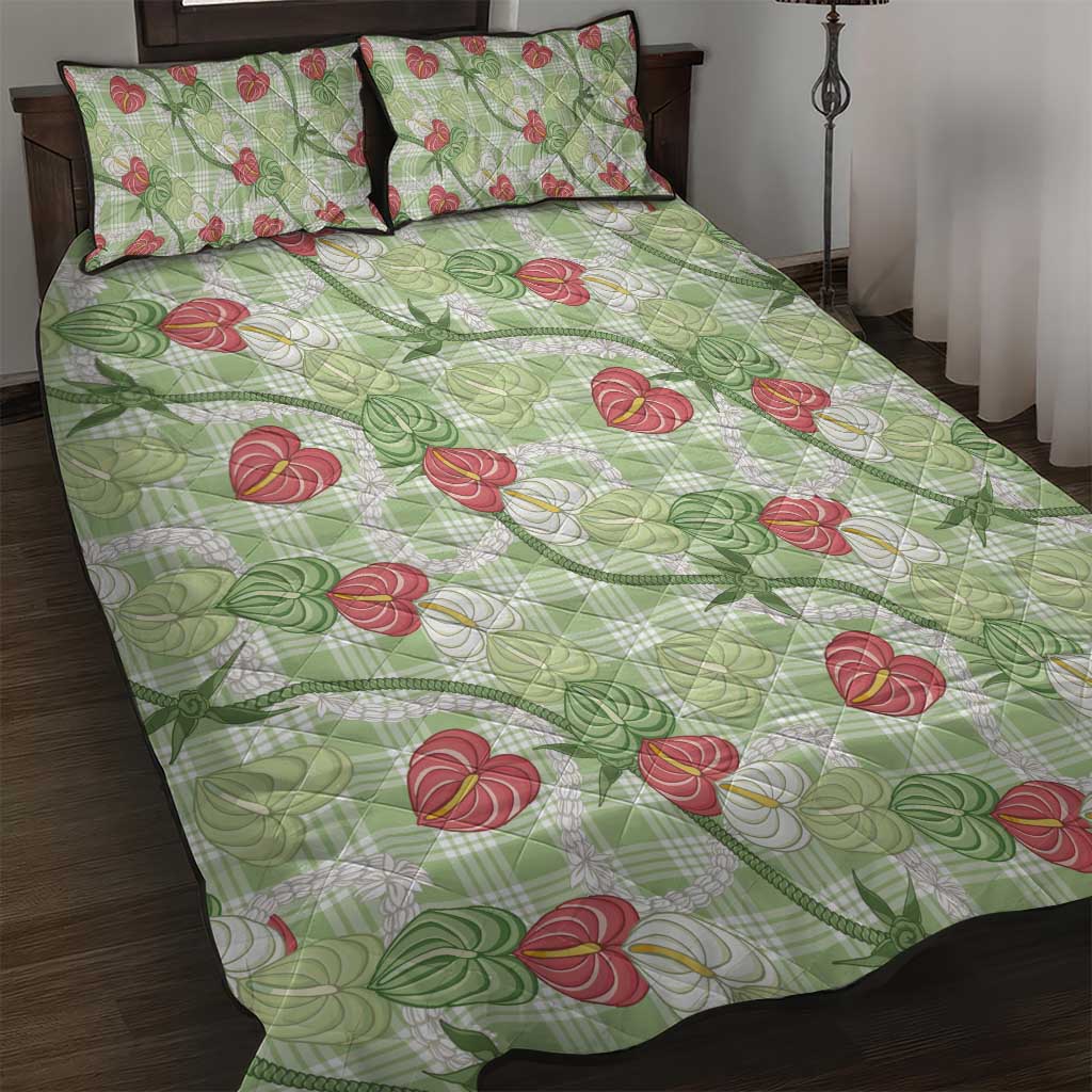 Anthurium Pikake Ti Leaf Palaka Quilt Bed Set Green Version