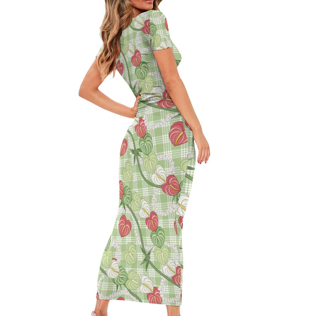 Anthurium Pikake Ti Leaf Palaka Short Sleeve Bodycon Dress Green Version