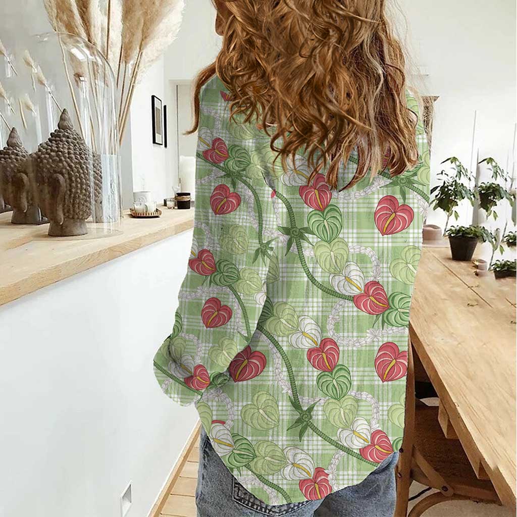 Anthurium Pikake Ti Leaf Palaka Women Casual Shirt Green Version LT01 - Polynesian Pride