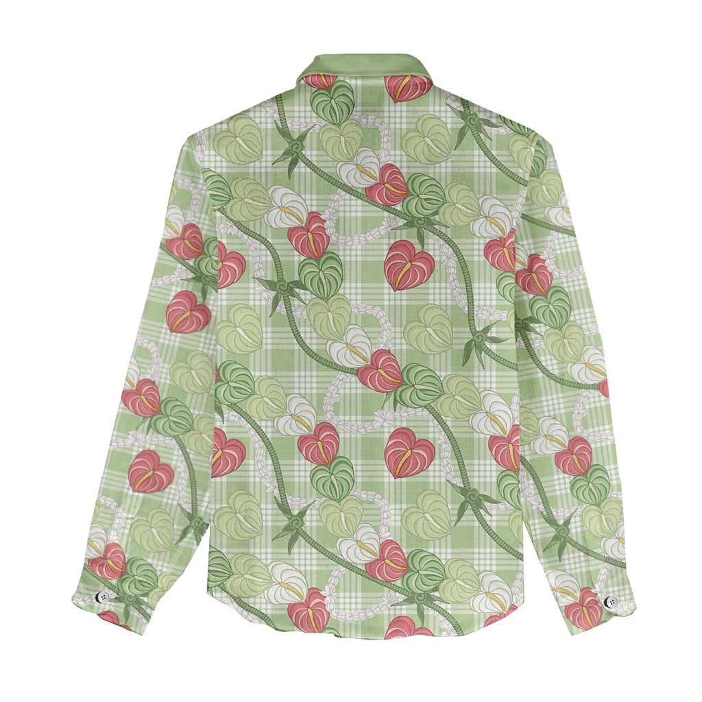 Anthurium Pikake Ti Leaf Palaka Women Casual Shirt Green Version LT01 - Polynesian Pride