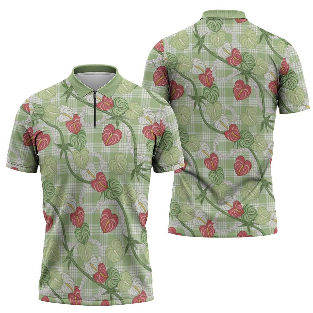 Anthurium Pikake Ti Leaf Palaka Zipper Polo Shirt Green Version