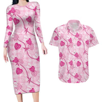 Anthurium Pikake Ti Leaf Palaka Couples Matching Long Sleeve Bodycon Dress and Hawaiian Shirt Pink Version