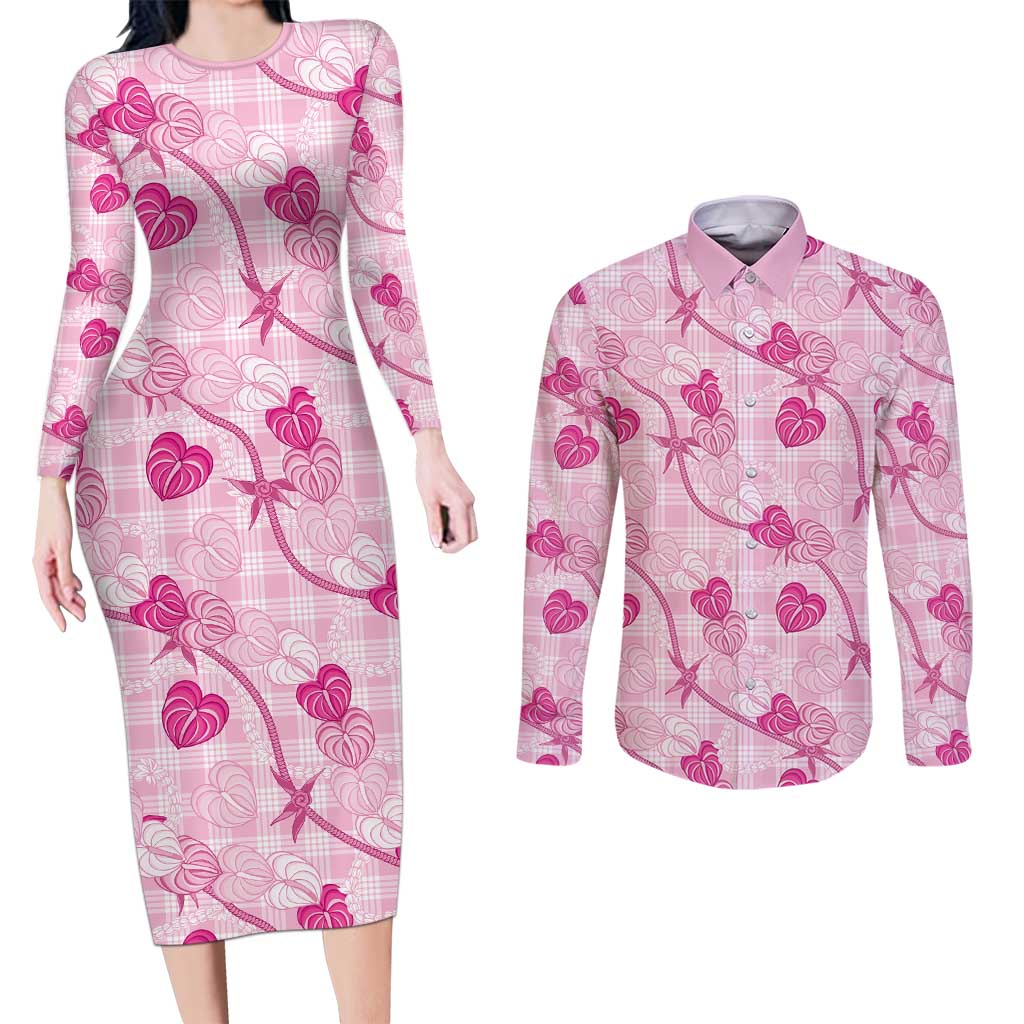 Anthurium Pikake Ti Leaf Palaka Couples Matching Long Sleeve Bodycon Dress and Long Sleeve Button Shirt Pink Version LT01 Pink - Polynesian Pride