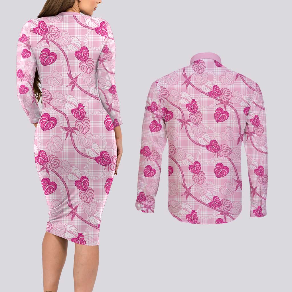 Anthurium Pikake Ti Leaf Palaka Couples Matching Long Sleeve Bodycon Dress and Long Sleeve Button Shirt Pink Version