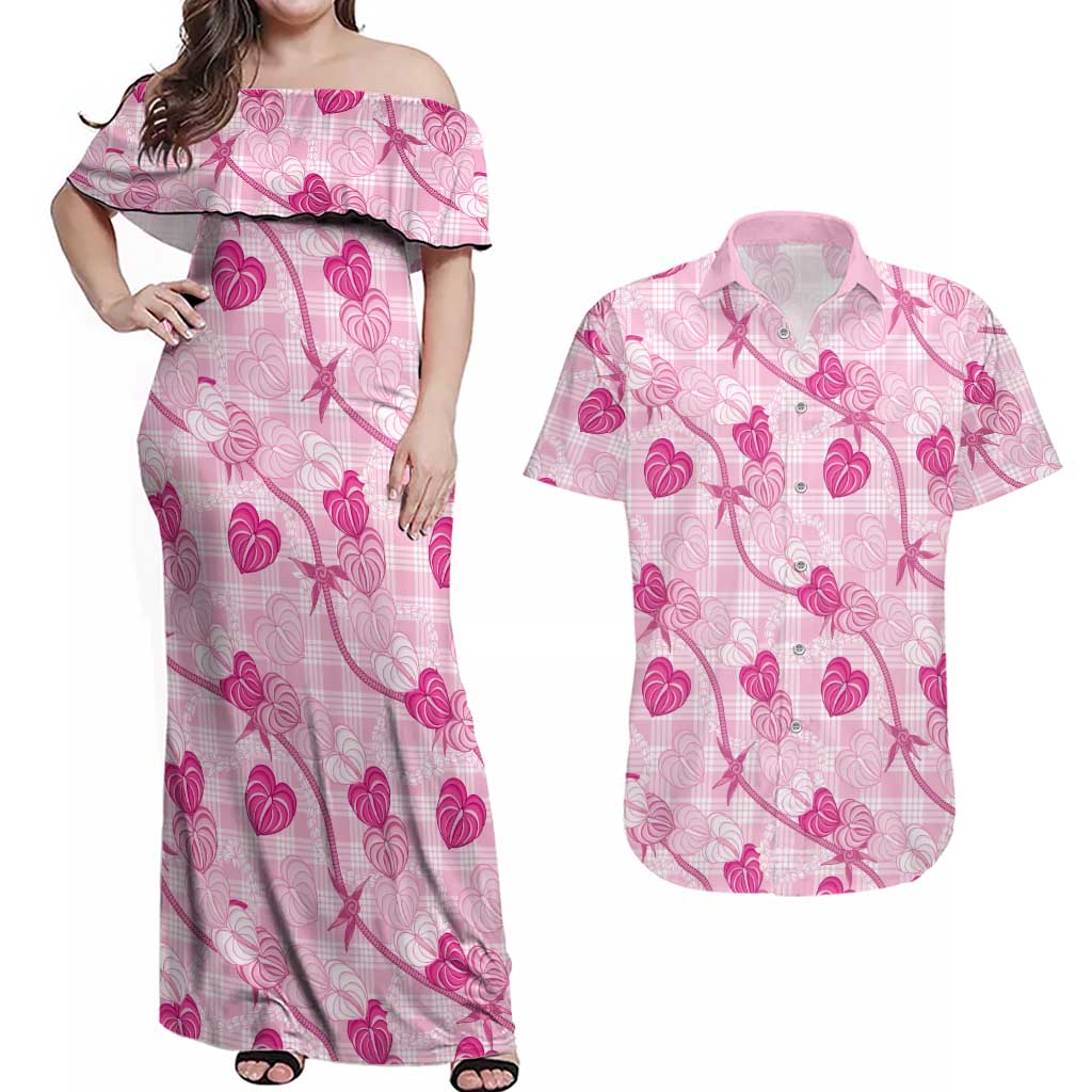 Anthurium Pikake Ti Leaf Palaka Couples Matching Off Shoulder Maxi Dress and Hawaiian Shirt Pink Version LT01 Pink - Polynesian Pride