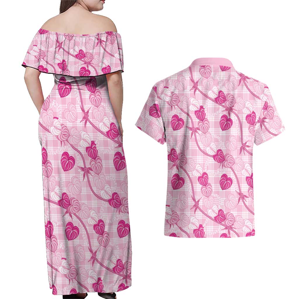Anthurium Pikake Ti Leaf Palaka Couples Matching Off Shoulder Maxi Dress and Hawaiian Shirt Pink Version
