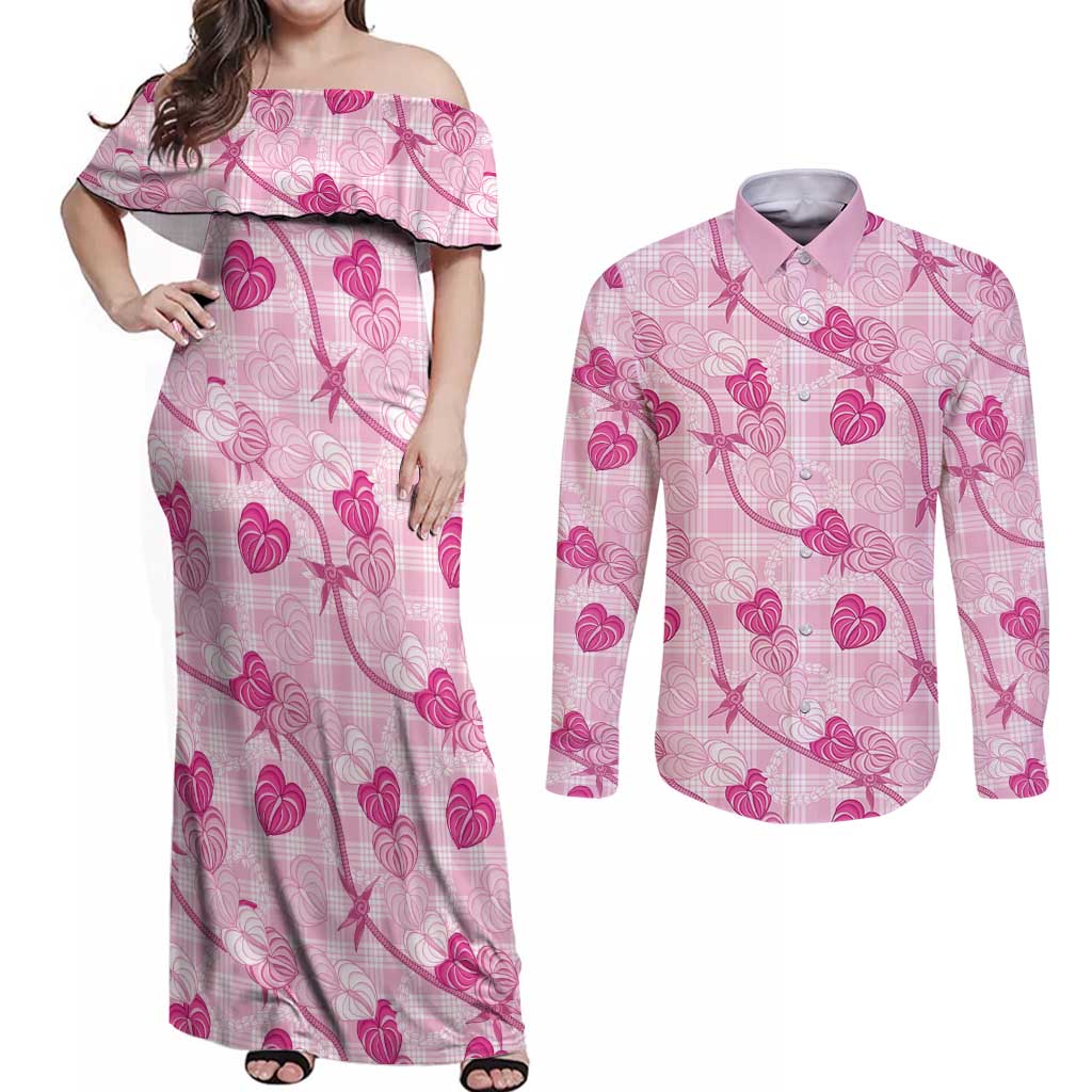 Anthurium Pikake Ti Leaf Palaka Couples Matching Off Shoulder Maxi Dress and Long Sleeve Button Shirt Pink Version LT01 Pink - Polynesian Pride