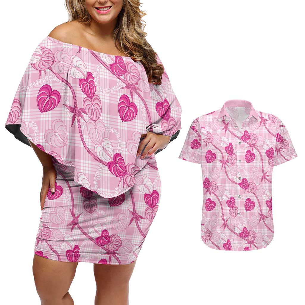 Anthurium Pikake Ti Leaf Palaka Couples Matching Off Shoulder Short Dress and Hawaiian Shirt Pink Version LT01 Pink - Polynesian Pride