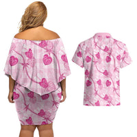 Anthurium Pikake Ti Leaf Palaka Couples Matching Off Shoulder Short Dress and Hawaiian Shirt Pink Version LT01 - Polynesian Pride