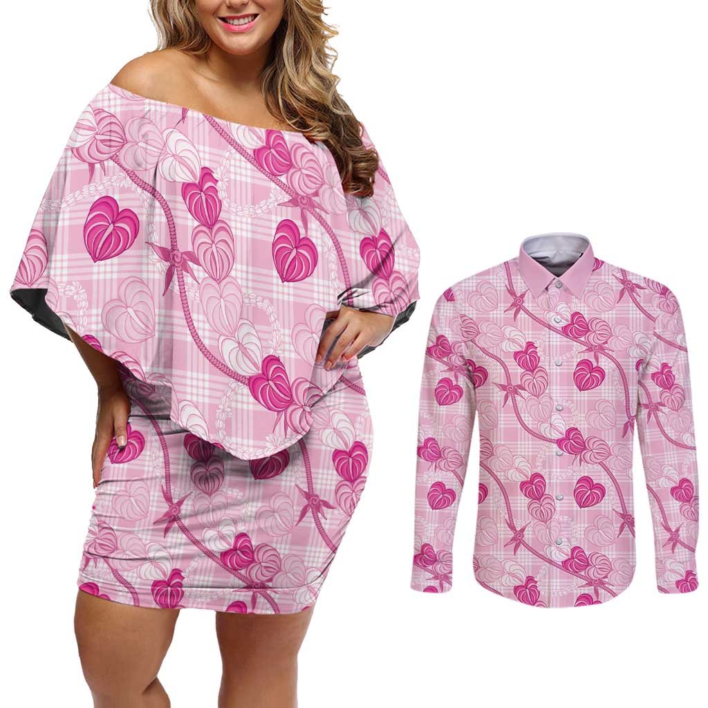 Anthurium Pikake Ti Leaf Palaka Couples Matching Off Shoulder Short Dress and Long Sleeve Button Shirt Pink Version LT01 Pink - Polynesian Pride