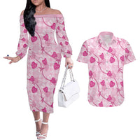 Anthurium Pikake Ti Leaf Palaka Couples Matching Off The Shoulder Long Sleeve Dress and Hawaiian Shirt Pink Version
