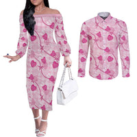 Anthurium Pikake Ti Leaf Palaka Couples Matching Off The Shoulder Long Sleeve Dress and Long Sleeve Button Shirt Pink Version