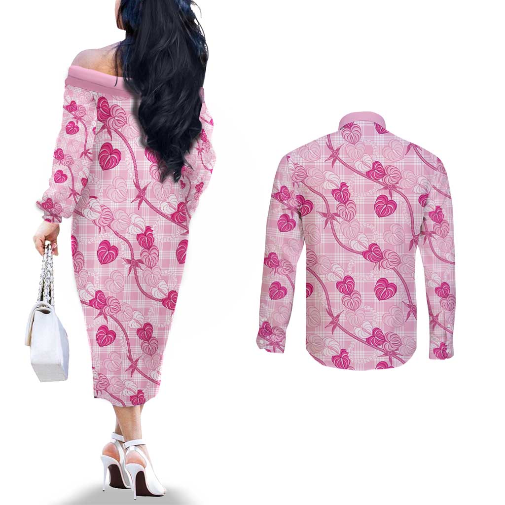 Anthurium Pikake Ti Leaf Palaka Couples Matching Off The Shoulder Long Sleeve Dress and Long Sleeve Button Shirt Pink Version