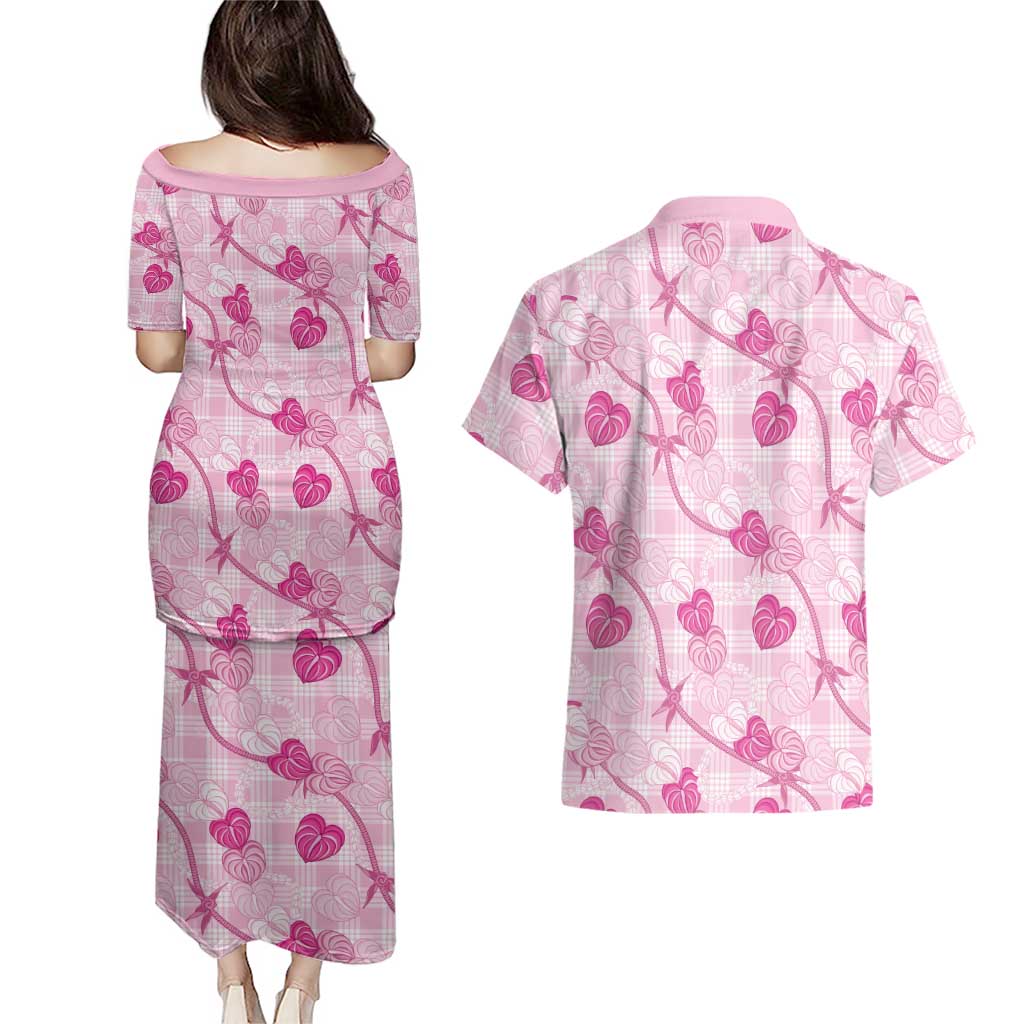 Anthurium Pikake Ti Leaf Palaka Couples Matching Puletasi and Hawaiian Shirt Pink Version