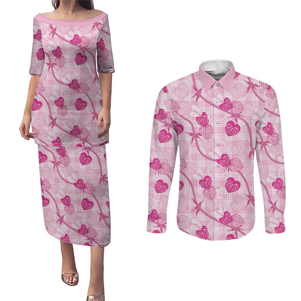 Anthurium Pikake Ti Leaf Palaka Couples Matching Puletasi and Long Sleeve Button Shirt Pink Version LT01 Pink - Polynesian Pride