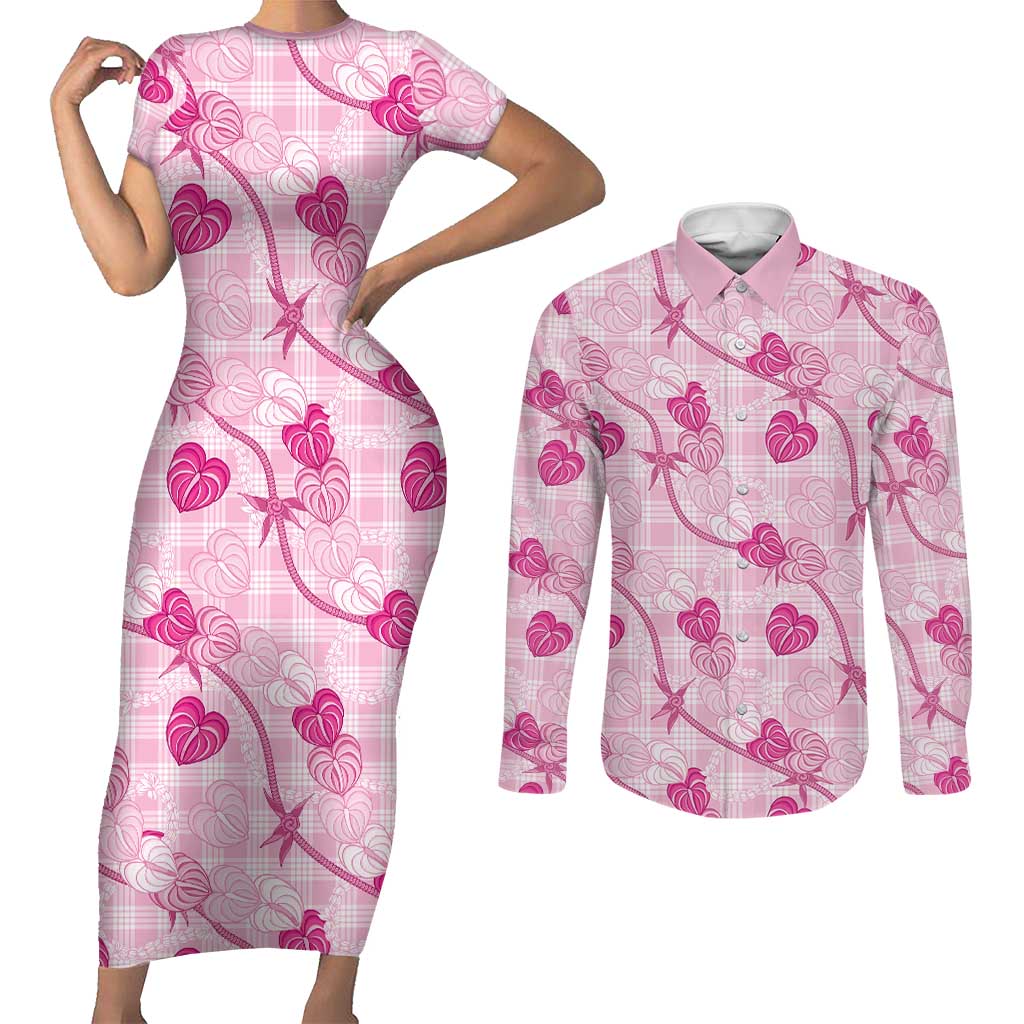 Anthurium Pikake Ti Leaf Palaka Couples Matching Short Sleeve Bodycon Dress and Long Sleeve Button Shirt Pink Version LT01 Pink - Polynesian Pride