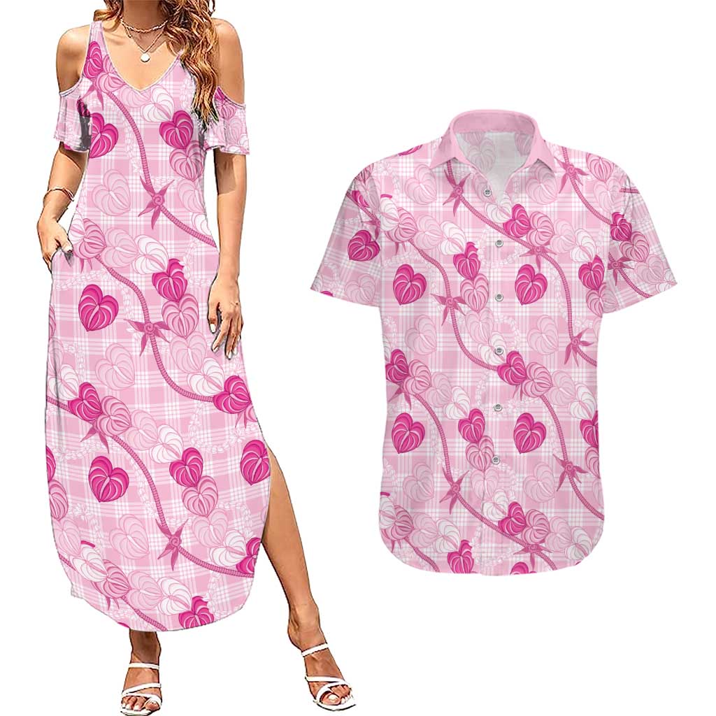 Anthurium Pikake Ti Leaf Palaka Couples Matching Summer Maxi Dress and Hawaiian Shirt Pink Version LT01 Pink - Polynesian Pride