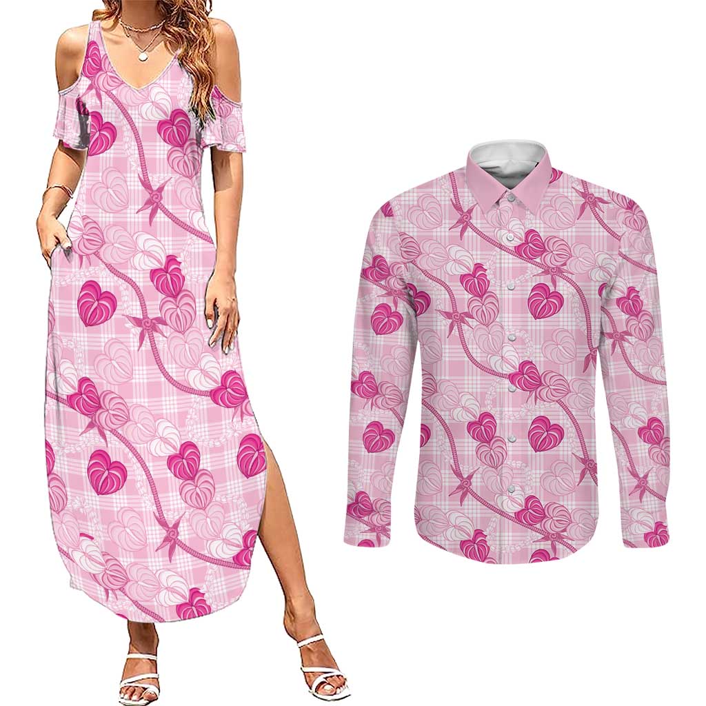 Anthurium Pikake Ti Leaf Palaka Couples Matching Summer Maxi Dress and Long Sleeve Button Shirt Pink Version LT01 Pink - Polynesian Pride