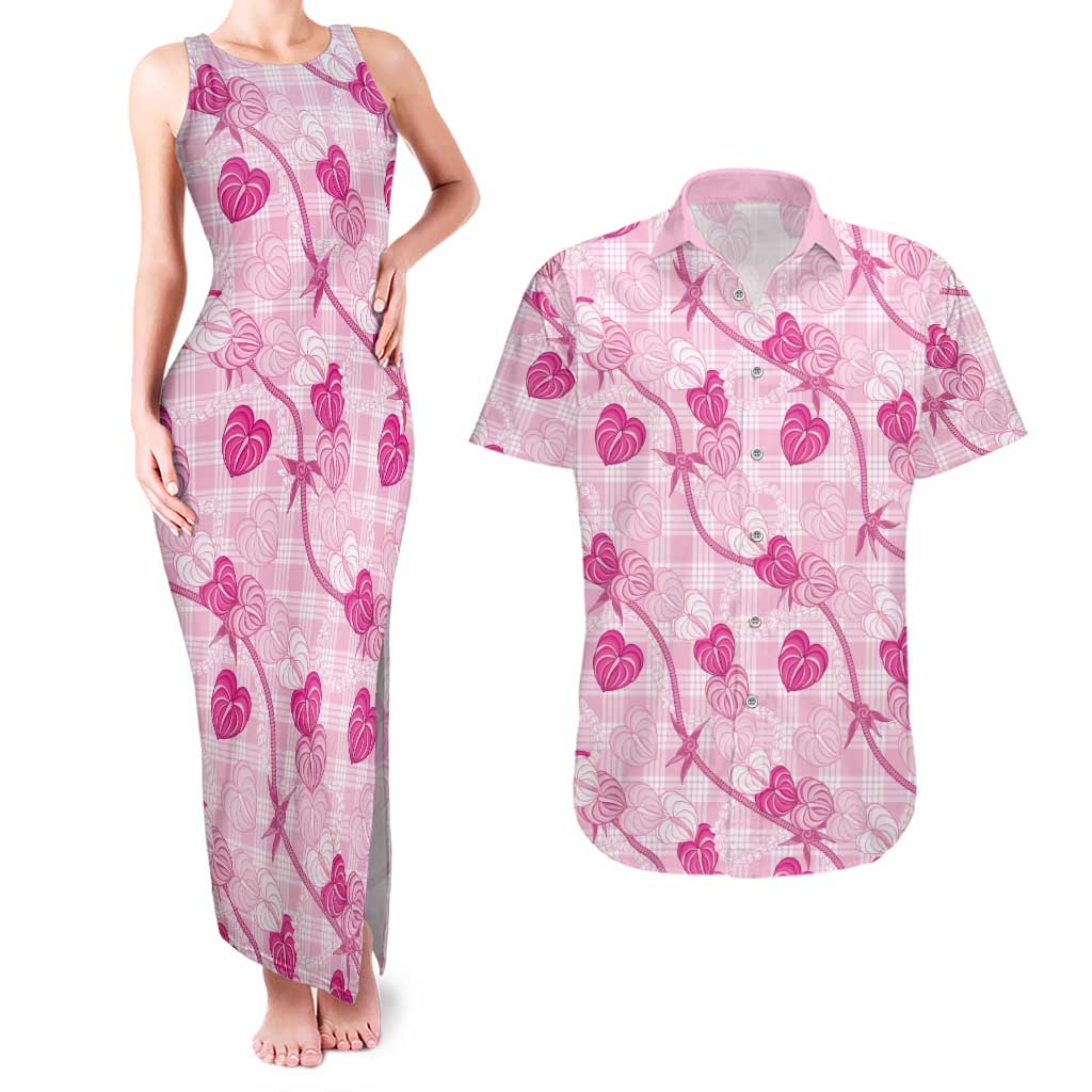 Anthurium Pikake Ti Leaf Palaka Couples Matching Tank Maxi Dress and Hawaiian Shirt Pink Version LT01 Pink - Polynesian Pride