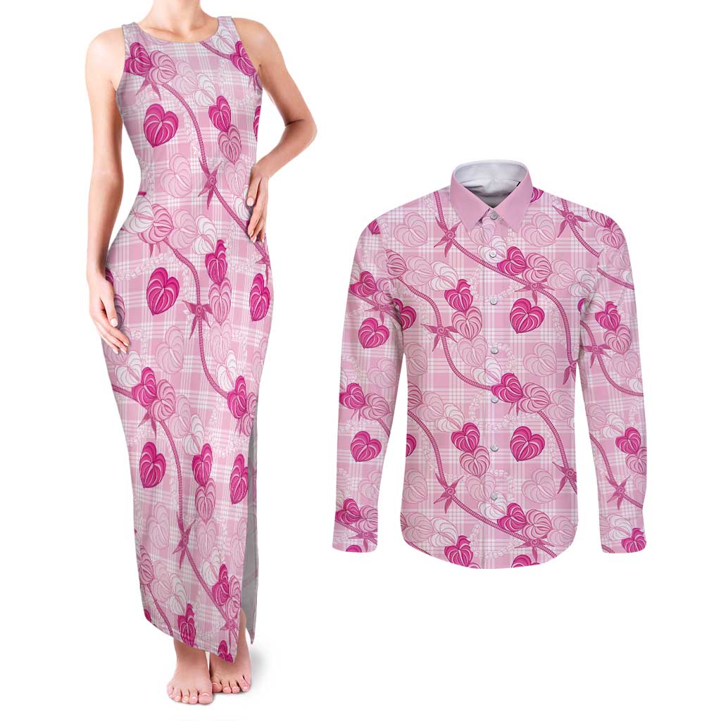 Anthurium Pikake Ti Leaf Palaka Couples Matching Tank Maxi Dress and Long Sleeve Button Shirt Pink Version LT01 Pink - Polynesian Pride